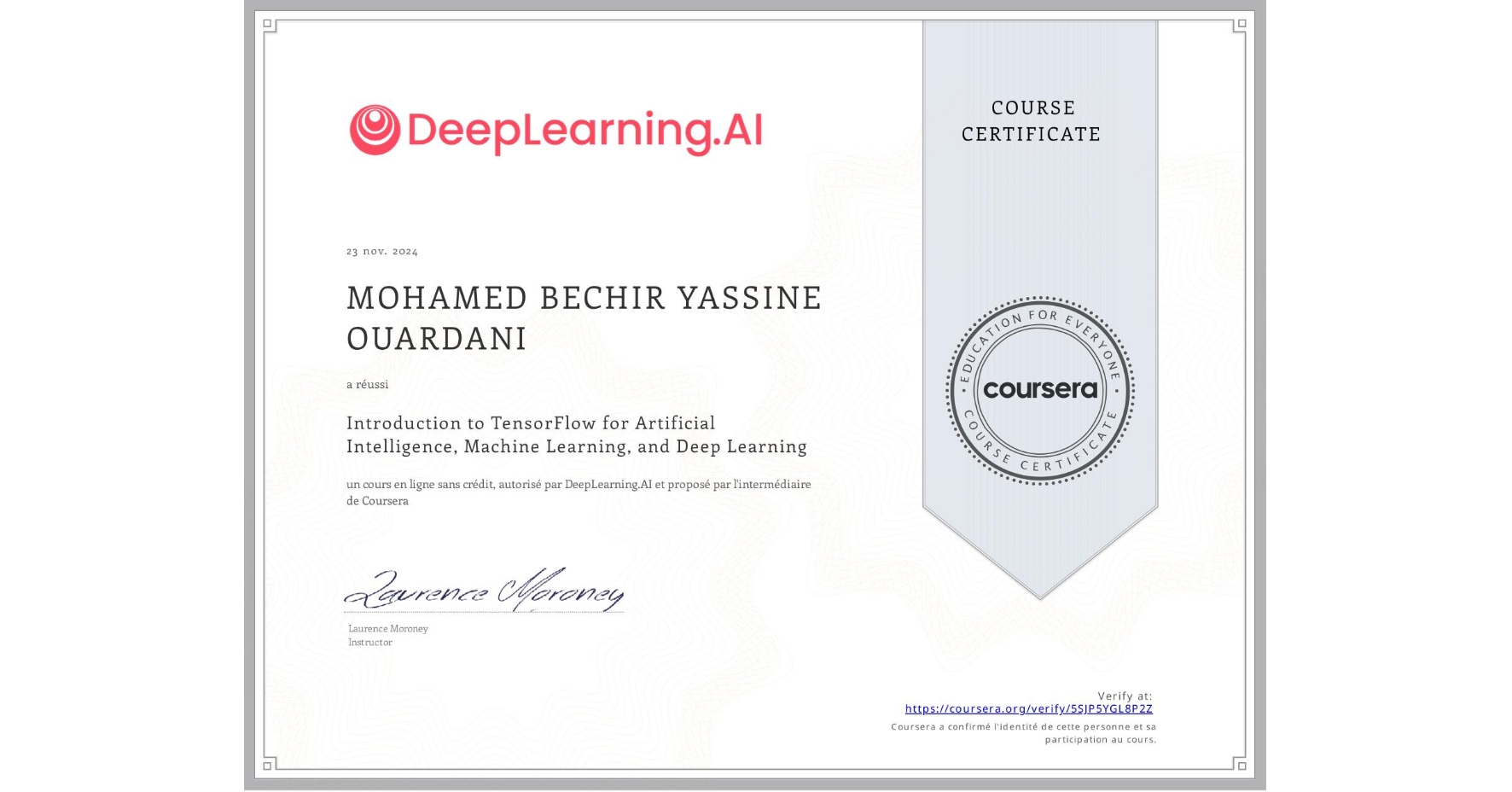 Deep Learning Specialization Certificate
